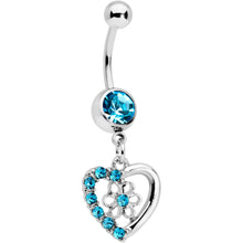 Load image into Gallery viewer, Blue Gem Floral Hollow Heart Valentines Day Dangle Belly Ring
