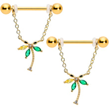 Load image into Gallery viewer, 14G 9/16 Green Gem Gold Hue Palm Tree Chain Dangle Nipple Ring Set
