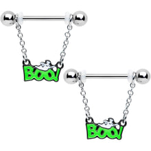 Load image into Gallery viewer, 14G 5/8 Green Boo Smile Ghost Halloween Dangle Nipple Ring Set
