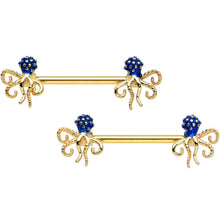 Load image into Gallery viewer, 14G 9/16 Gold Tone Textured Blue Octopus Barbell Nipple Ring Set
