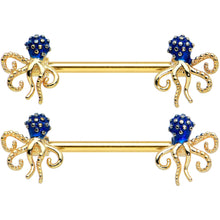 Load image into Gallery viewer, 14G 9/16 Gold Tone Textured Blue Octopus Barbell Nipple Ring Set
