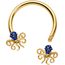 Load image into Gallery viewer, 16G 3/8 Gold Tone Blue Octopus Ends Horseshoe Circular Barbell
