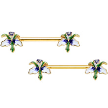 Load image into Gallery viewer, 14G 9/16 Clear Gem Gold Tone Iris Flower Barbell Nipple Ring Set
