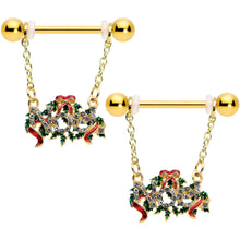 Load image into Gallery viewer, 14G 9/16 Clear Gem Gold Tone Garland Christmas Nipple Ring Set
