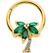 Load image into Gallery viewer, 16G 3/8 Green Gem Gold Tone Palm Tree Hinged Segment Ring
