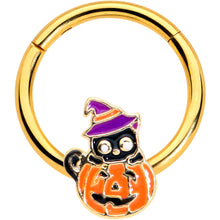 Load image into Gallery viewer, 16G 3/8 Gold Tone Black Cat Witch Pumpkin Hinged Segment Ring
