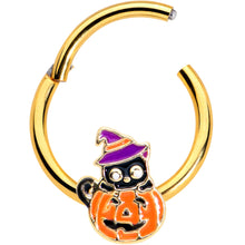 Load image into Gallery viewer, 16G 3/8 Gold Tone Black Cat Witch Pumpkin Hinged Segment Ring
