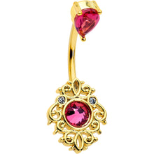 Load image into Gallery viewer, Clear Pink Gem Gold Tone Open Lace Love Double Mount Belly Ring
