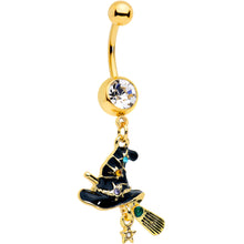 Load image into Gallery viewer, Clear Green Gem Gold Tone Witch Hat Broom Halloween Dangle Belly Ring
