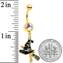 Load image into Gallery viewer, Clear Green Gem Gold Tone Witch Hat Broom Halloween Dangle Belly Ring
