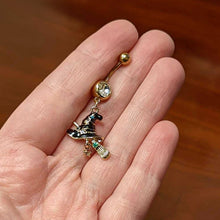 Load image into Gallery viewer, Clear Green Gem Gold Tone Witch Hat Broom Halloween Dangle Belly Ring
