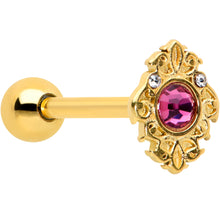 Load image into Gallery viewer, Pink Clear Gem Gold Tone Lace Love Barbell Tongue Ring

