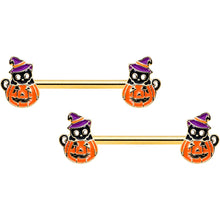 Load image into Gallery viewer, 14G 9/16 Gold Hue Black Witch Cat Pumpkin Barbell Nipple Ring Set

