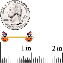 Load image into Gallery viewer, 14G 9/16 Gold Hue Black Witch Cat Pumpkin Barbell Nipple Ring Set
