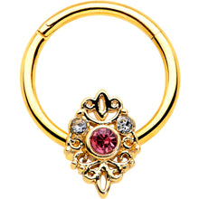 Load image into Gallery viewer, 16G 3/8 Pink Clear Gem Gold Tone Lace Love Hinged Segment Ring
