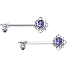 Load image into Gallery viewer, 14G 9/16 Purple Gem Unlock My Heart Key Barbell Nipple Ring Set
