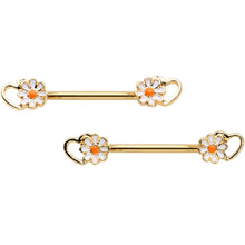 Load image into Gallery viewer, 14G 9/16 Gold Tone Daisy Flower Heart Barbell Nipple Ring Set
