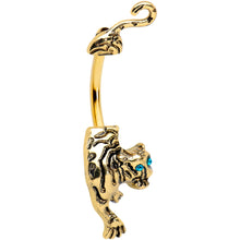 Load image into Gallery viewer, Blue Gem Gold Tone Prowling Tiger Double Mount Belly Ring
