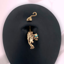 Load image into Gallery viewer, Blue Gem Gold Tone Prowling Tiger Double Mount Belly Ring
