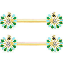 Load image into Gallery viewer, 14G 5/8 Clear Gem Gold Hue Pretty Peacock Barbell Nipple Ring Set
