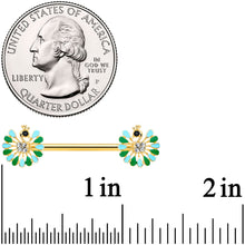 Load image into Gallery viewer, 14G 5/8 Clear Gem Gold Hue Pretty Peacock Barbell Nipple Ring Set

