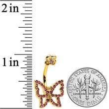 Load image into Gallery viewer, Pink Gem Gold Tone Simple Butterfly Flower Double Mount Belly Ring
