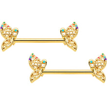 Load image into Gallery viewer, 14G 9/16 Clear CZ Gem Gold Tone Heart Butterfly Nipple Ring Set
