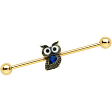 Load image into Gallery viewer, 14G Blue Gem Gold Tone Wide Eyed Owl Industrial Barbell 38mm
