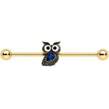 Load image into Gallery viewer, 14G Blue Gem Gold Tone Wide Eyed Owl Industrial Barbell 38mm
