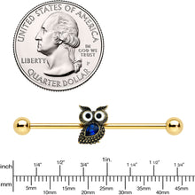 Load image into Gallery viewer, 14G Blue Gem Gold Tone Wide Eyed Owl Industrial Barbell 38mm
