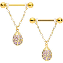 Load image into Gallery viewer, 14G 9/16 Amethyst Gold Tone Drop Tree Chain Dangle Nipple Set
