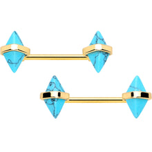 Load image into Gallery viewer, 14G 9/16 Blue Turquoise Gold Tone Rhombus Barbell Nipple Ring Set

