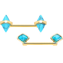 Load image into Gallery viewer, 14G 9/16 Blue Turquoise Gold Tone Rhombus Barbell Nipple Ring Set
