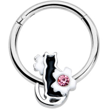 Load image into Gallery viewer, 16G 3/8 Pink Gem Black Cat White Flowers Hinged Segment Ring
