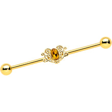 Load image into Gallery viewer, 14G Yellow Gem Gold Tone Duet Scroll Industrial Barbell 38mm
