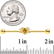 Load image into Gallery viewer, 14G Yellow Gem Gold Tone Duet Scroll Industrial Barbell 38mm
