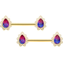 Load image into Gallery viewer, 14G 9/16 Purple Tourmaline Gold Tone Drop Barbell Nipple Ring Set
