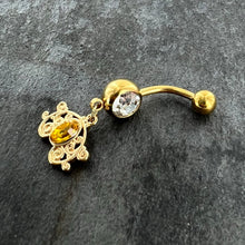 Load image into Gallery viewer, Clear Yellow Gold Tone Duet Scroll Dangle Belly Ring
