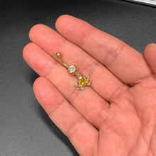 Load image into Gallery viewer, Clear Yellow Gold Tone Duet Scroll Dangle Belly Ring
