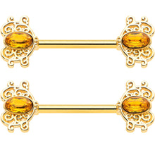 Load image into Gallery viewer, 14G 9/16 Yellow Gem Gold Hue Duet Scroll Barbell Nipple Ring Set
