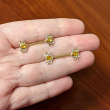 Load image into Gallery viewer, 14G 9/16 Yellow Gem Gold Hue Duet Scroll Barbell Nipple Ring Set
