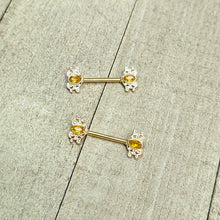 Load image into Gallery viewer, 14G 9/16 Yellow Gem Gold Hue Duet Scroll Barbell Nipple Ring Set
