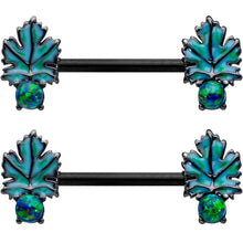 Load image into Gallery viewer, 14G 1/2 Green Synthetic Opal Black Fall Leaf Nipple Ring Set
