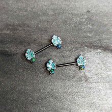 Load image into Gallery viewer, 14G 1/2 Green Synthetic Opal Black Fall Leaf Nipple Ring Set
