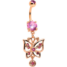 将图片加载到图库查看器，Pink CZ Gem Rose Gold Tone Butterfly Dangle Belly Ring
