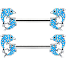 Load image into Gallery viewer, 14G 9/16 Black Blue Gem Leaping Dolphin Barbell Nipple Ring Set
