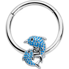 Load image into Gallery viewer, 16G 3/8 Black Gem Blue Leaping Dolphins Hinged Segment Ring
