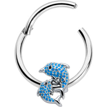 Load image into Gallery viewer, 16G 3/8 Black Gem Blue Leaping Dolphins Hinged Segment Ring
