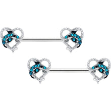 将图片加载到图库查看器，14G 9/16 Clear Blue Gem Dolphin Heart Barbell Nipple Ring Set
