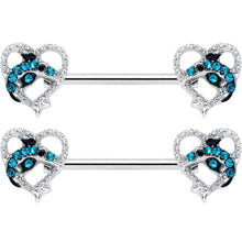 将图片加载到图库查看器，14G 9/16 Clear Blue Gem Dolphin Heart Barbell Nipple Ring Set
